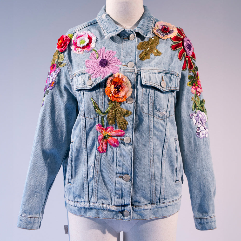 Rose Embroidery Pattern Off White Denim Jacket Rose Garden Iris